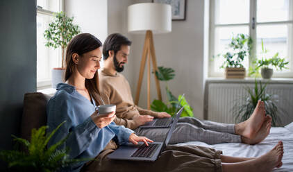 Young couple using laptops on bed indoors, home office in lockdown concept. - HPIF13798