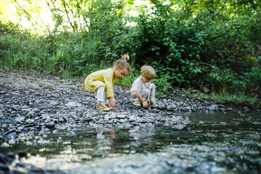 Porträt eines kleinen Jungen und eines Mädchens in voller Länge, die mit Steinen am Bach in der Natur spielen. - HPIF13962