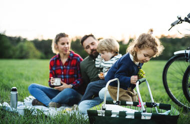 Vorderansicht einer Familie mit zwei kleinen Kindern auf einer Radtour, die im Gras sitzt und sich ausruht. - HPIF13980
