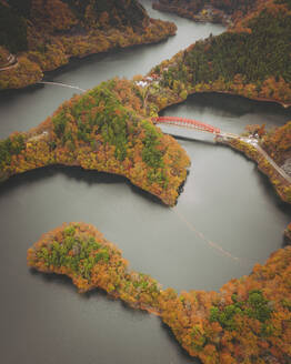 Luftaufnahme der roten Minetani-Brücke am Okutama-See während der Kyoto-Saison, Tokio Japan. - AAEF17933