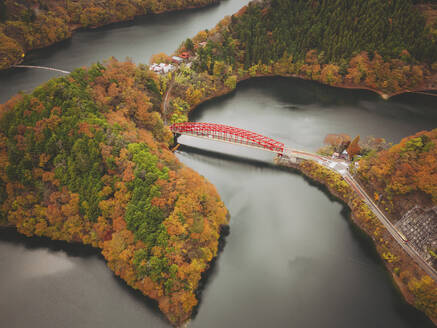 Luftaufnahme der roten Minetani-Brücke am Okutama-See während der Kyoto-Saison, Tokio Japan. - AAEF17936