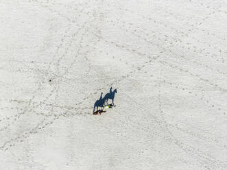 Luftaufnahme einer Person, die auf einem Pferd am Strand entlang reitet, Kapstadt, Südafrika. - AAEF17992