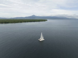 Aerial view of catamaran sailing near Tobelo, Halmahera, Indonesia. - AAEF18043