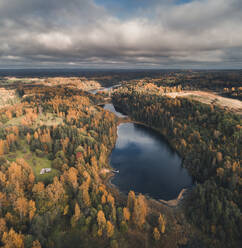Aerial view of colourful autumn forest and lakes in Paganamaa landscape protection area, Estonia. - AAEF18060