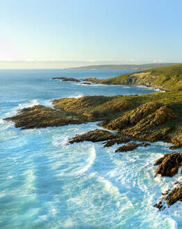 Aerial view of waves rolling on the cliffs along the coastline, Injidup Beach, Western Australia, Australia. - AAEF18149