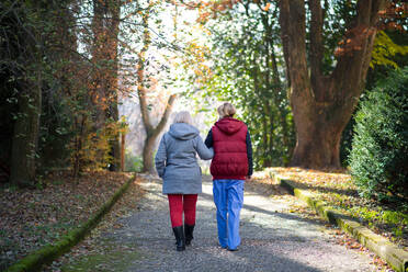 Rückansicht einer älteren Frau mit Betreuerin bei einem Spaziergang im Park, Coronavirus-Konzept. - HPIF14123