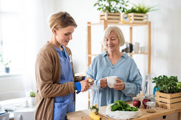 Glückliche ältere Frau mit Pflegerin oder medizinischem Personal in einem Haus, die Essen zubereitet. - HPIF14167