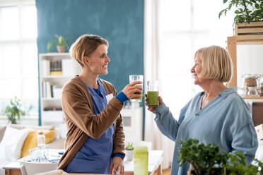 Ältere Frau mit Pflegerin oder medizinischem Personal im Haus, die einen gesunden Smoothie trinken. - HPIF14171