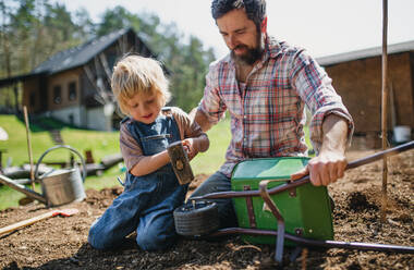 Älterer Vater mit kleinem Sohn bei der Arbeit im Garten, Konzept des nachhaltigen Lebensstils. - HPIF14489