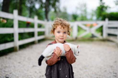 Porträt eines kleinen Mädchens mit Katze, das auf einem Bauernhof steht und in die Kamera schaut. - HPIF14491
