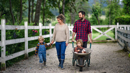 Porträt einer glücklichen Familie mit kleinen Kindern auf einem Bauernhof. - HPIF14542