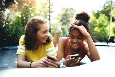 Vorderansicht von fröhlichen jungen Teenager-Mädchen, die sich im Garten aufhalten und ein Smartphone benutzen. - HPIF14602