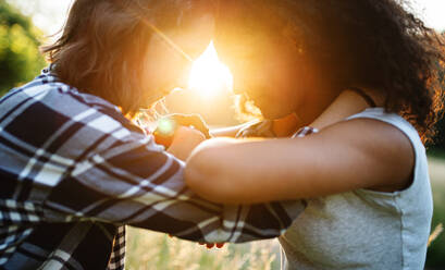 Seitenansicht von glücklichen jungen Teenager-Mädchen Freunde im Freien in der Natur bei Sonnenuntergang, Umarmung. - HPIF14615