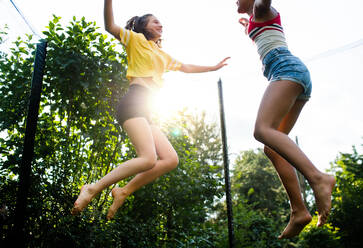 Low angle view of cheerful young teenager girls friends outdoors in garden, jumping on trampoline. - HPIF14636