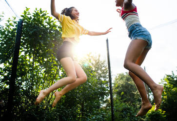 Niedriger Winkel Blick auf fröhliche junge Teenager-Mädchen Freunde im Freien im Garten, Springen auf Trampolin. - HPIF14636
