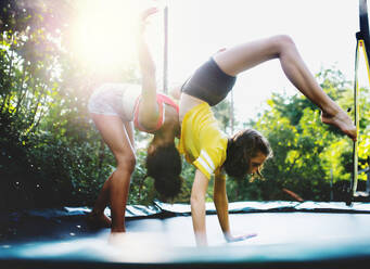 Front view of cheerful young teenager girls friends outdoors in garden, doing exercise on trampoline. - HPIF14643