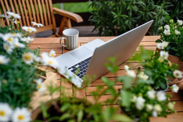 Draufsicht auf Laptop und Kaffee auf dem Tisch auf dem Balkon im Sommer, Bürokonzept im Freien. - HPIF14718