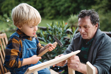 Happy small boy with senior grandfather constructing birdhouse, diy project. - HPIF14796