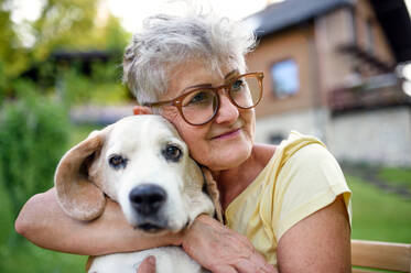 Porträt einer älteren Frau, die im Freien im Garten sitzt und sich ausruht und ihren Hund hält. - HPIF14831