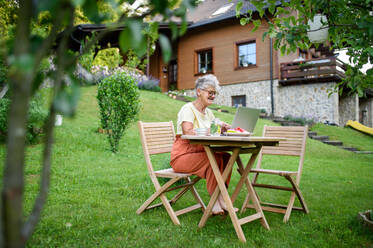 A happy senior woman with laptop working outdoors in garden, home office concept. - HPIF14877