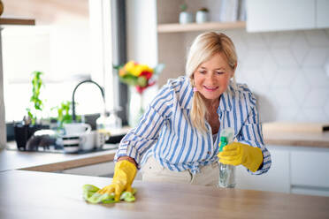 Portrait of happy senior woman cleaning kitchen counter worktop indoors at home. - HPIF14932