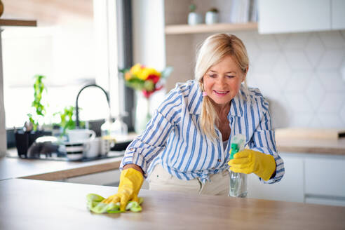 Porträt einer glücklichen älteren Frau, die zu Hause die Arbeitsplatte der Küchenzeile reinigt. - HPIF14932