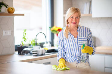 Porträt einer glücklichen älteren Frau, die zu Hause die Arbeitsplatte der Küchenzeile reinigt. - HPIF14933