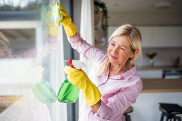 Portrait of senior woman with gloves cleaning windows indoors at home. - HPIF14946