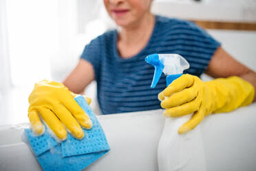 Unrecognizable senior woman with gloves and spraying bottle cleaning indoors at home. - HPIF14954