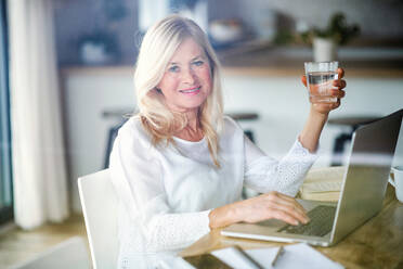 Ältere Frau mit Wasser und Laptop drinnen im Heimbüro bei der Arbeit, Aufnahme durch Glas. - HPIF14976