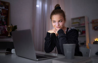 Schöne glückliche junge Mädchen mit Laptop sitzen und lächelnd, Online-Dating und Chat-Konzept. - HPIF15058