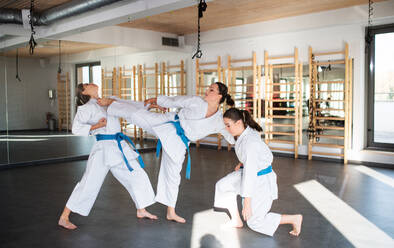 A group of young women practising karate indoors in gym. - HPIF15096