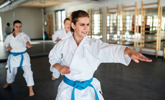 Eine Gruppe junger Frauen übt in einer Turnhalle Karate. - HPIF15101