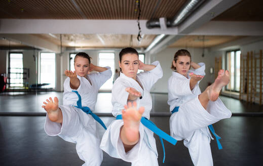 Eine Gruppe junger Frauen übt in einer Turnhalle Karate. - HPIF15107