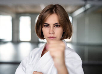 Eine attraktive junge Frau, die drinnen in einer Turnhalle Karate übt. - HPIF15108