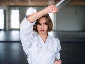 Eine attraktive junge Frau, die drinnen in einer Turnhalle Karate übt. - HPIF15111