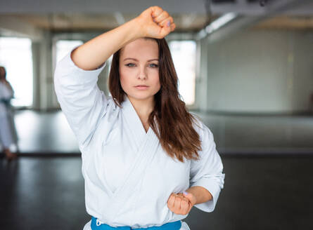 Eine attraktive junge Frau, die drinnen in einer Turnhalle Karate übt. - HPIF15114