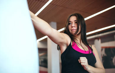 Eine attraktive junge Frau, die drinnen in der Turnhalle Karate übt. Raum kopieren. - HPIF15133