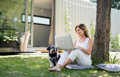 Reife Frau mit Hund, die im Home Office im Garten arbeitet und einen Laptop benutzt. - HPIF15167