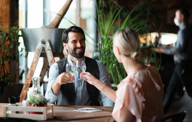 A happy couple sitting indoors in restaurant, clinking glasses. - HPIF15367