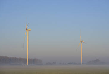 Niederlande, Noord-Brabant, Windkraftanlagen an einem nebligen Morgen - ISF26052
