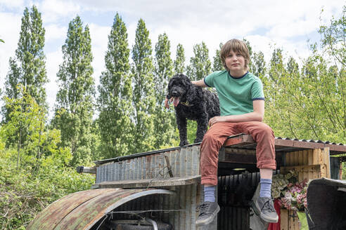Junge (12-13) und Hund sitzen auf dem Dach einer Hütte - ISF26065