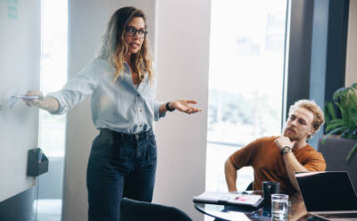 Geschäftsfrau, die eine Teamsitzung leitet und ihre Ideen und Erkenntnisse mit ihren Kollegen in einem Büro teilt. Junge weibliche Führungskraft, die eine Diskussion leitet und ihr Team motiviert, seine Ziele zu erreichen. - JLPPF01824