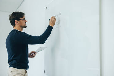 Business man leading a meeting at his workplace, doing a presentation and writing figures on a white board. Male business professional engaging in brainstorming and financial planning at work. - JLPPF01900