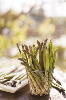 Fresh asparagus stacked in metal basket - ONAF00534