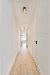 Interior design of empty hallway with white walls and wooden floor against door and lamp in modern apartment building - ADSF44239