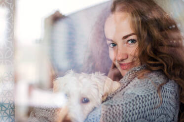 Young woman relaxing indoors at home with pet dog. Shot through glass. - HPIF15499