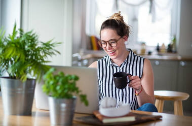 Portrait of young woman with laptop and coffee working indoors at home. - HPIF15532