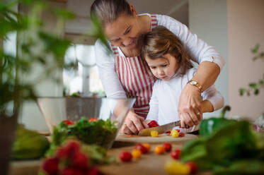Kleines Mädchen mit älterer Großmutter in der Küche zu Hause, Tomaten für Salat schneiden. - HPIF15544