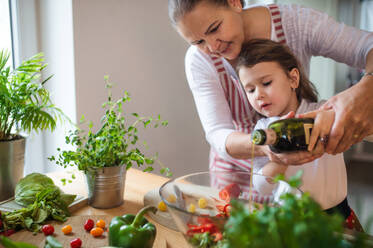 Small girl with senior grandmother in kitchen indoors at home, making vegetable salad. - HPIF15546